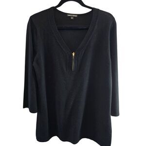 CABLE & GAUGE BLACK TUNIC SWEATER SIZE LARGE FRONT ZIP 3/4 SLEEVES